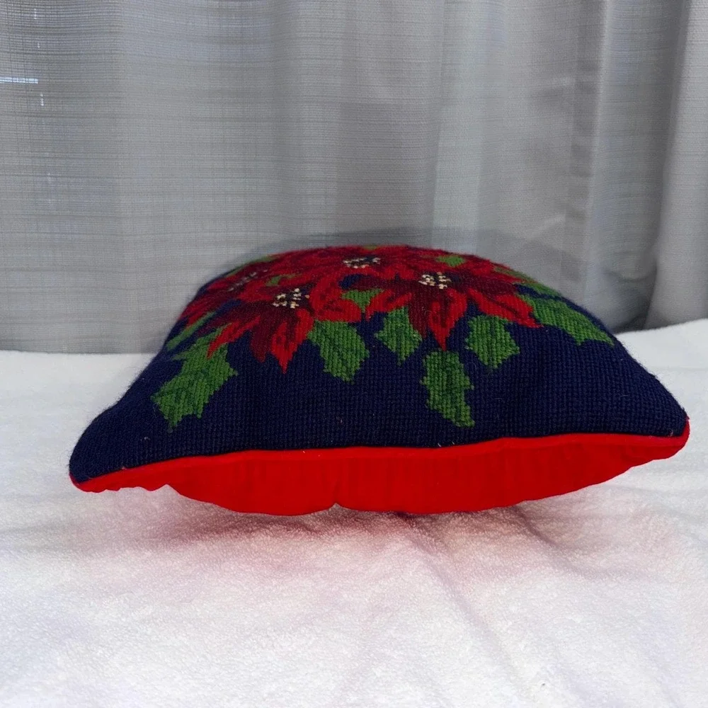 Vtg Needlepoint Throw Pillow Poinsettias Navy Red & Green Cottagecore Christmas